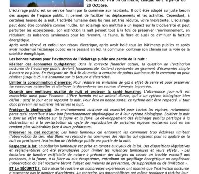 Expérimentation de la coupure d’éclairage public de 1 h à 5 h du matin, chaque nuit à partir du 28 octobre 2022 sur l’ensemble de la commune.