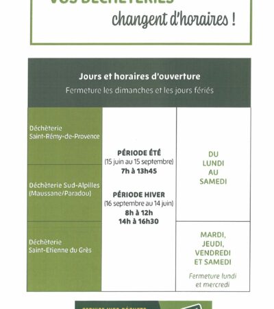 Déchèteries CCVBA : rappel de changement d’horaires pour la période d’hiver