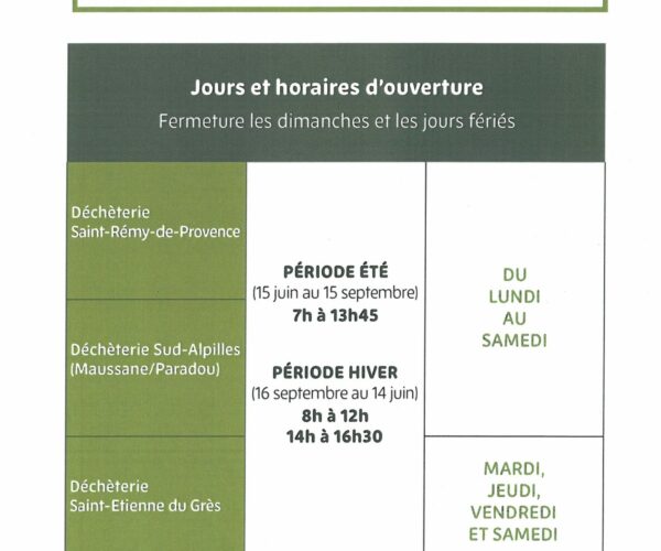 Déchèteries CCVBA : rappel de changement d’horaires pour la période d’hiver