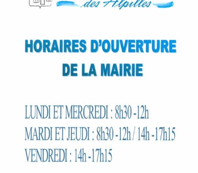 NOUVEAUX HORAIRES D’OUVERTURE DE LA MAIRIE