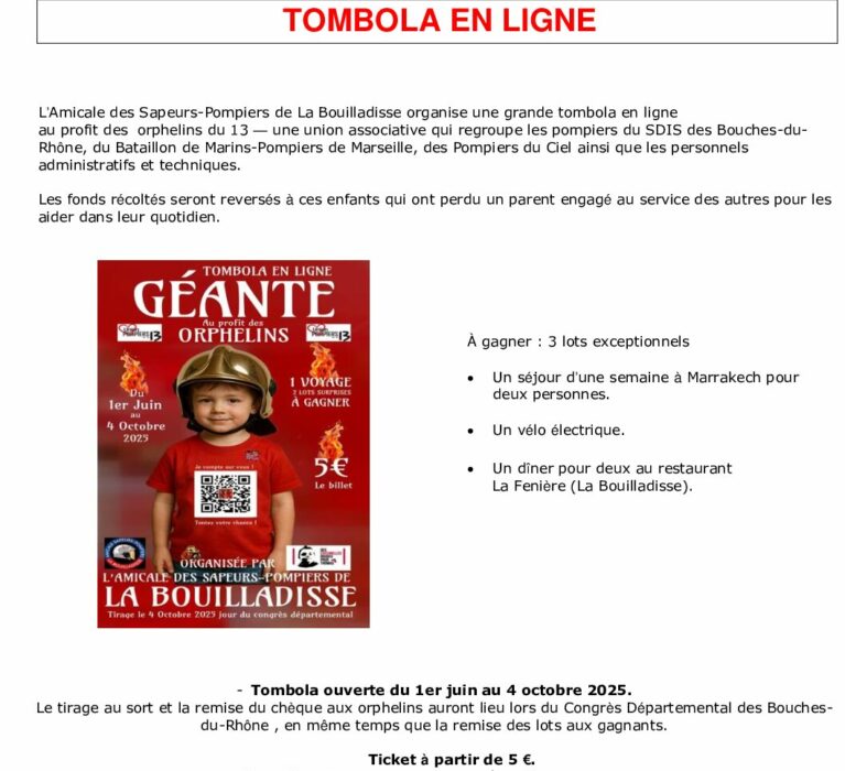 TOMBOLA de l’Amicale des Sapeurs-Pompiers de La Bouilladisse 